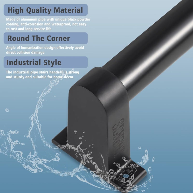 SDNBHT Industrial Stair Railing Metal Hand Rails for Indoor Stairs Wall Mount Staircase Handrails 1.5" Pipe Stair Handrail for Steps Black Aluminum Stairway Railing for Outdoor & Indoor Stairs 10ft - Image 4